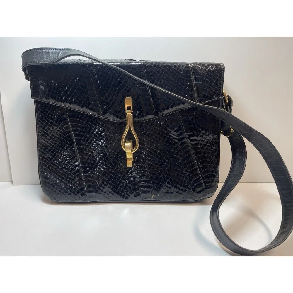 Vintage Robert Bestien Black Snakeskin Purse With Metal Closure Hardware